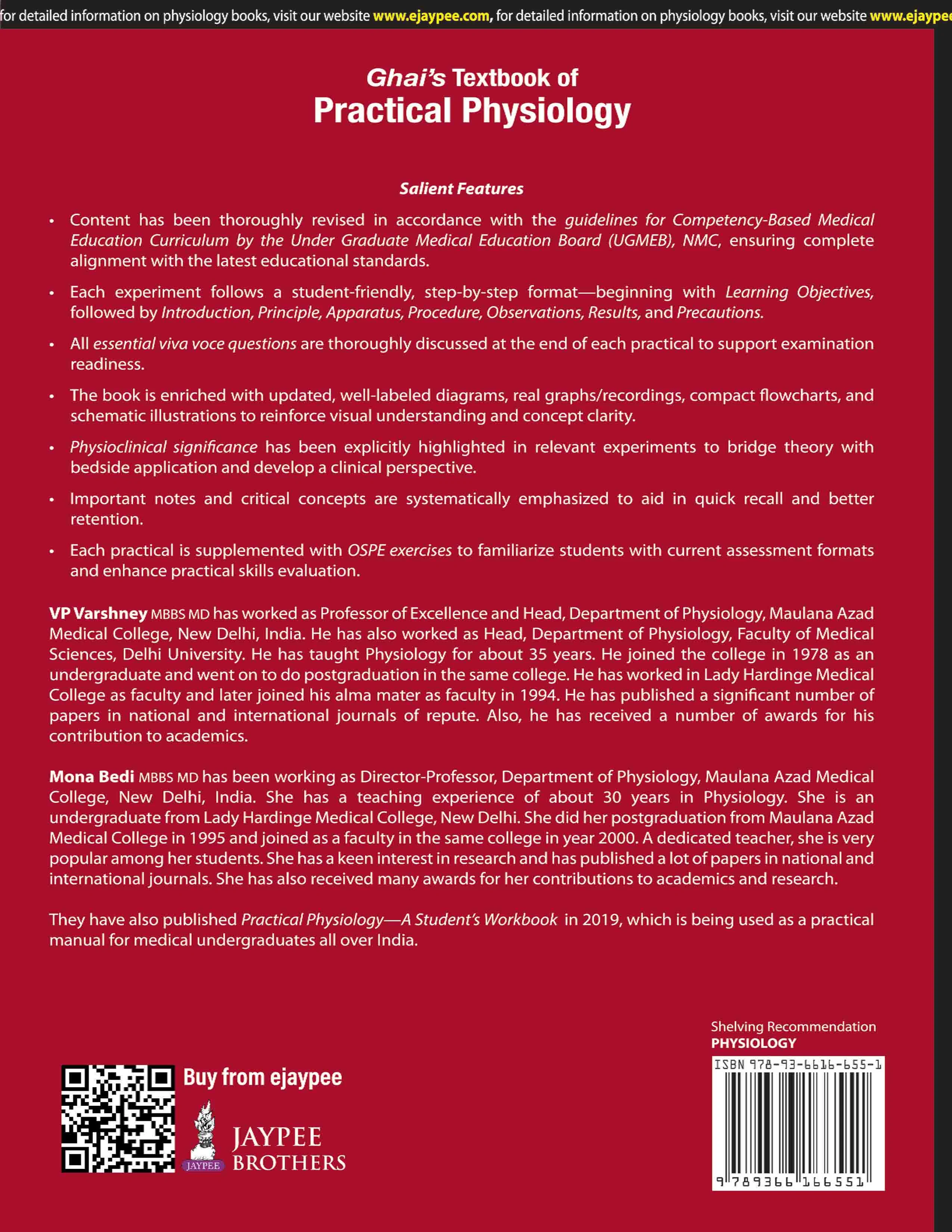 Back Image of - Ghai’s Textbook of Practical Physiology – 11th Ed | MBBS First Year | CBME, OSPE, Viva Prep