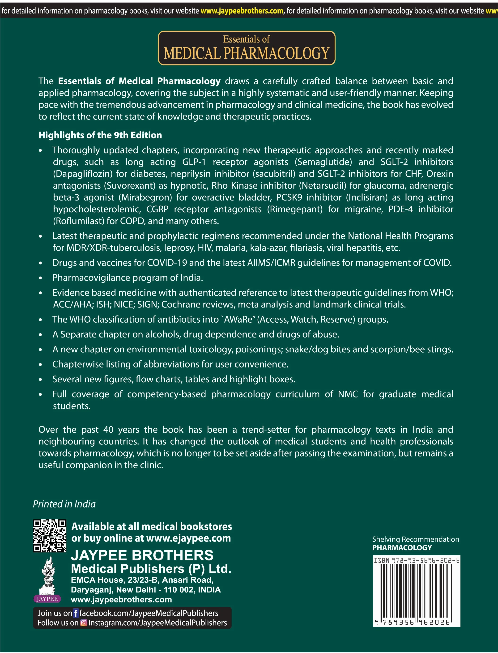 Back Image of - Essentials of Medical Pharmacology | 9th Edition | Paperback – Comprehensive Guide to Pharmacodynamics, Pharmacokinetics, and Therapeutics